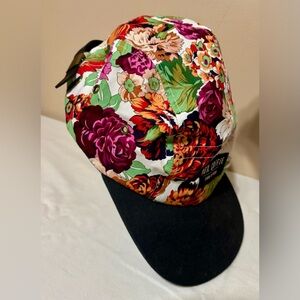 Crown Vibrant Floral Hat with Black Brim and Leather Buckle back Closure